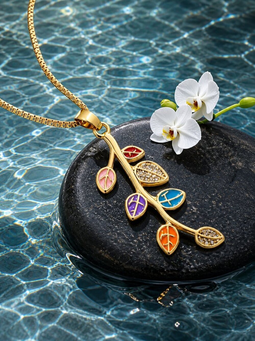 18K Gold Plated Enamel Rainbow Leaf Branch Necklace Cottagecore Botanical 16"
